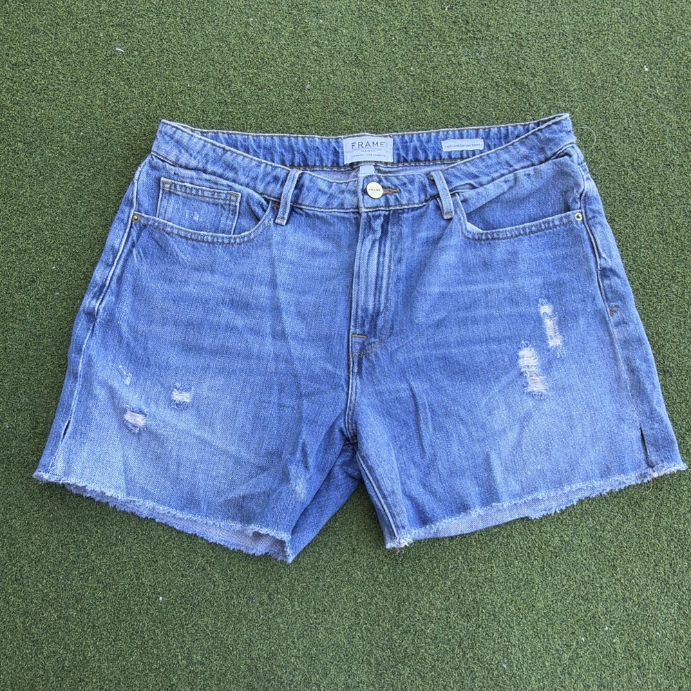 FRAME Denim Women size 30 Le Grand Garcon Shorts Distressed Raw Hem Zip Up